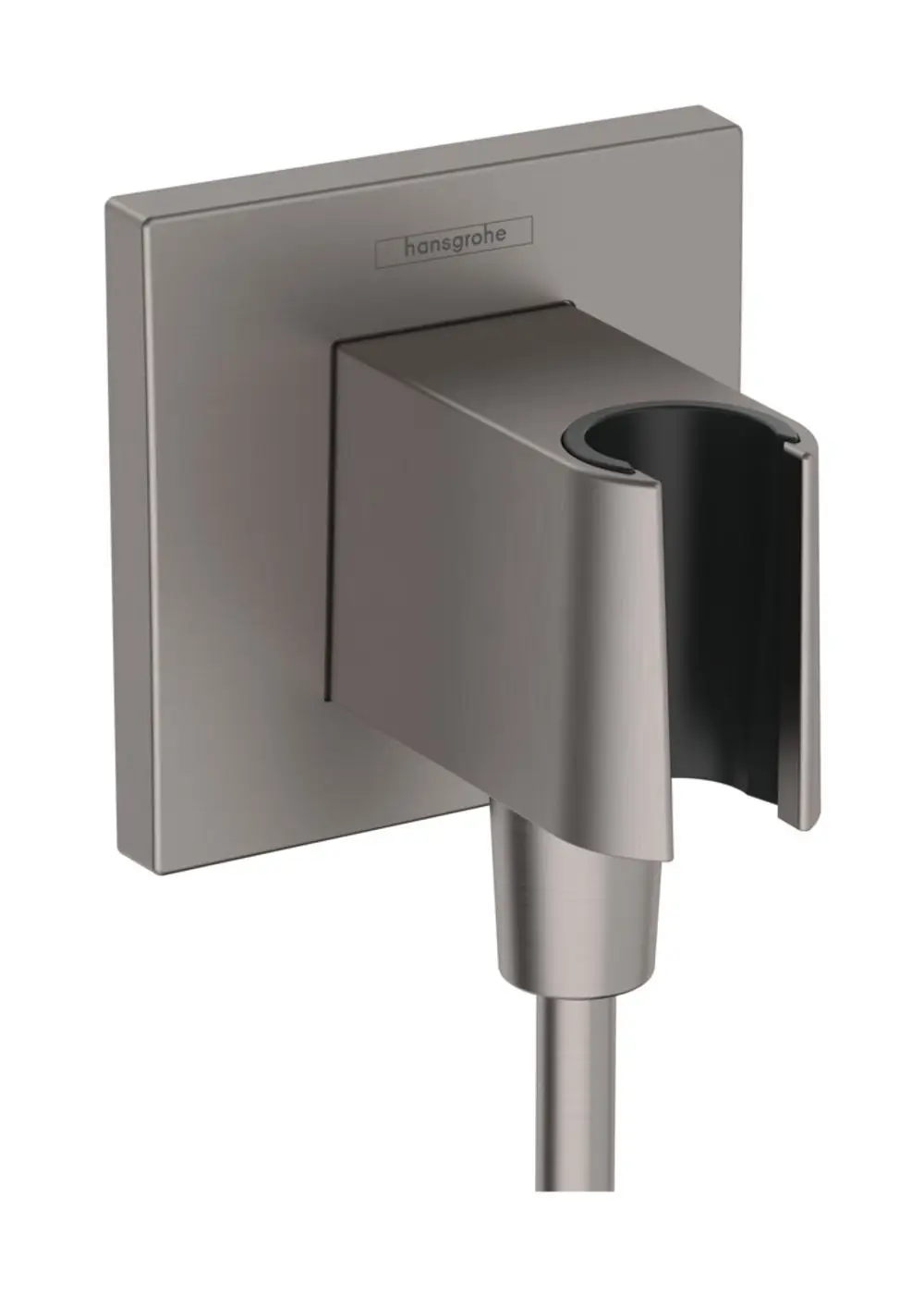 Wandanschluss mit Brausehalter in gebürstetem Schwarzchrom von Hansgrohe, mit einer quadratischen Wandplatte und einem Halter für eine Dusche oder Brause.